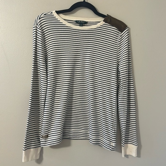 Ralph Lauren Womens Striped Top Long Sleeve Suede Elbow Large Equestrian Preppy - Picture 1 of 8